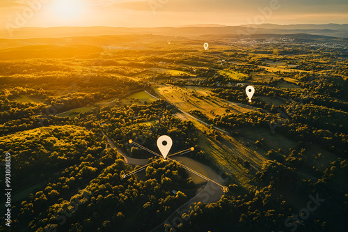 Aerial view of land is depicted with network markers indicating the planning and connectivity of land development.