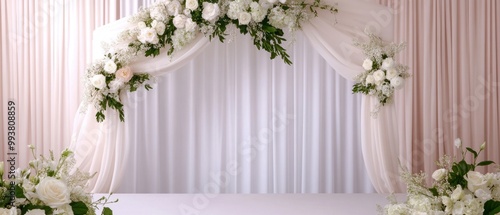 Elegant wedding altar with white drapery and floral arrangements, perfect for romantic ceremonies and celebrations.