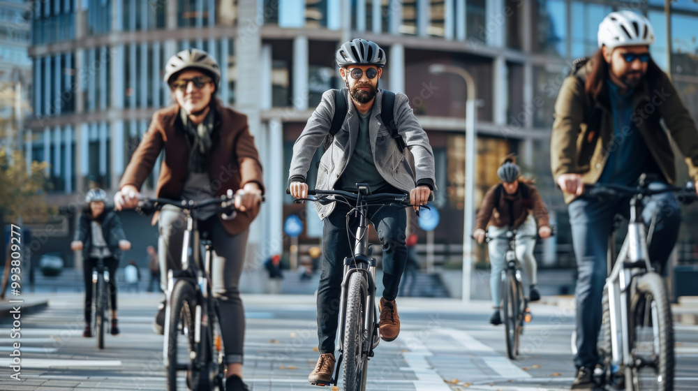Businesspeople commuting on electric bikes in an urban setting, showcasing modern and eco friendly lifestyle. scene captures sense of teamwork and efficiency as they navigate city streets Businesspeople commuting on electric bikes in an urban setting, showcasing modern and eco friendly lifestyle. scene captures sense of teamwork and efficiency as they navigate city streets