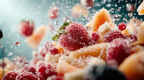 Fototapeta Naklejka Na Ścianę i Meble -  An array of colorful fruits such as strawberries, melons, and berries blend together in water, frozen in mid-motion, showcasing an energetic and fresh explosion of flavors.