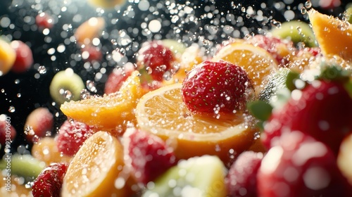 Fototapeta Naklejka Na Ścianę i Meble -  A variety of vibrant fruits including strawberries, oranges, and kiwis are dynamically captured in the midst of splashing water, representing freshness and exuberance.