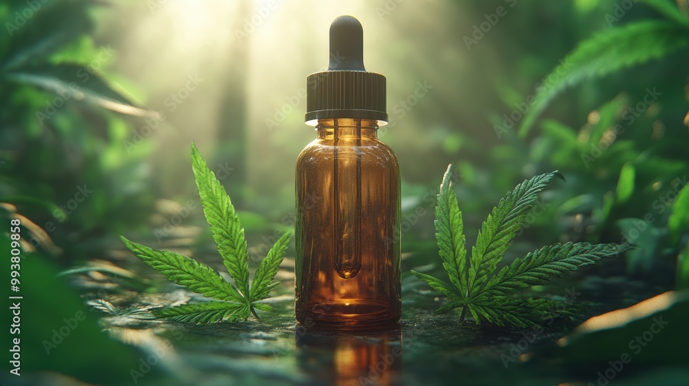 A medical-themed composition featuring a dropper bottle of cannabis oil, A medical-themed composition featuring a dropper bottle of cannabis oil,