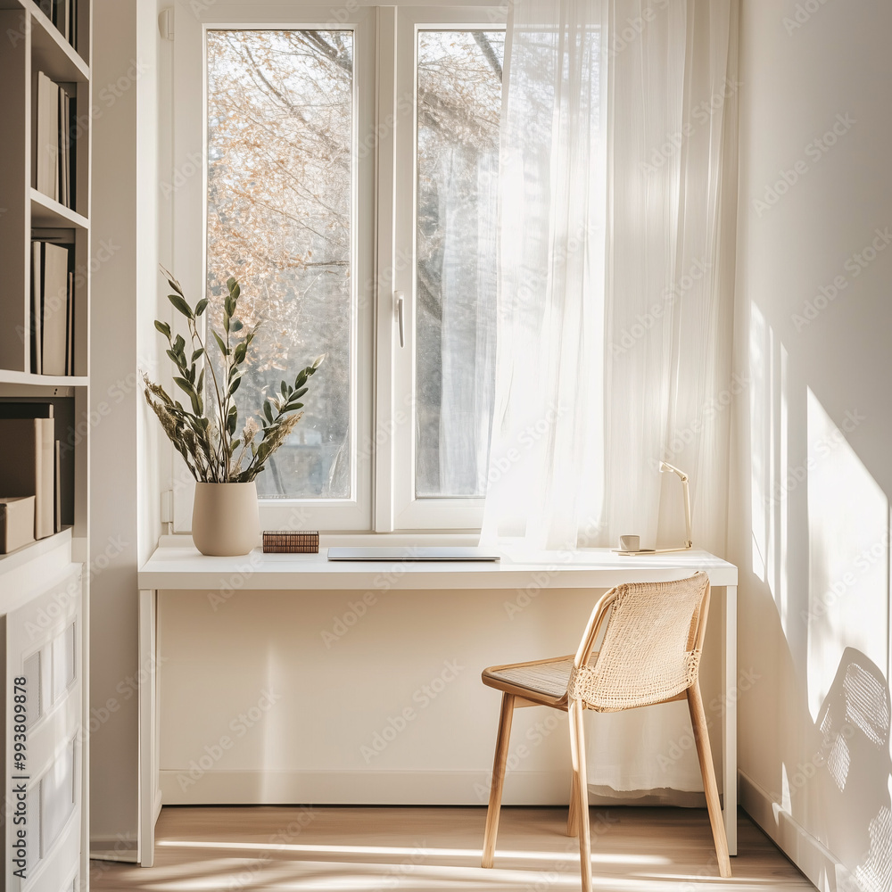 A minimalist home office setup with a simple white desk and chair near a large window. Sunlight floods the room, highlighting clean lines and natural materials A minimalist home office setup with a simple white desk and chair near a large window. Sunlight floods the room, highlighting clean lines and natural materials
