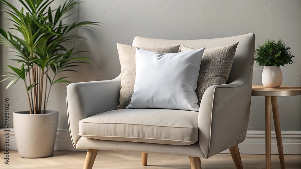 White Square Canvas Pillow Mockup on Grey Armchair – Modern Interior Design Template White Square Canvas Pillow Mockup on Grey Armchair – Modern Interior Design Template