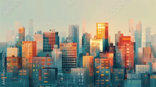 Obraz A vibrant cityscape featuring mix of illustrated buildings, showcasing blend of colors and architectural styles. warm hues create lively atmosphere, perfect for urban themes