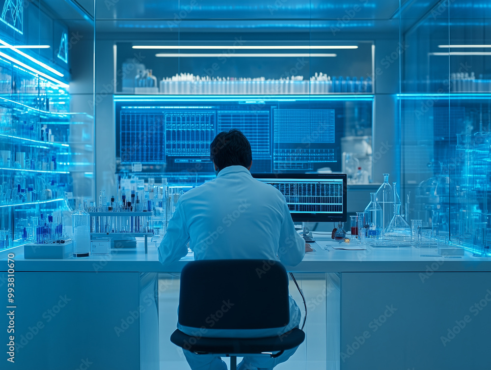 Scientist working in a high-tech laboratory, intense concentration.A man wearing a lab coat is sitting at a desk that is in front of a computer Scientist working in a high-tech laboratory, intense concentration.A man wearing a lab coat is sitting at a desk that is in front of a computer