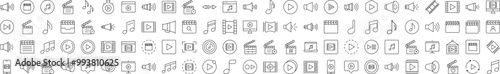 Media Player Line Icon Collection. Modern Collection for Design, Web Sites, Apps, Cards. Contains Linear Images of Clapperboard, Musical Note, Loud Speaker