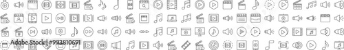 Media Player Line Icon Set. Modern Collection for Design, Web Sites, Apps, Cards. Contains Linear Images of Clapperboard, Musical Note, Loud Speaker