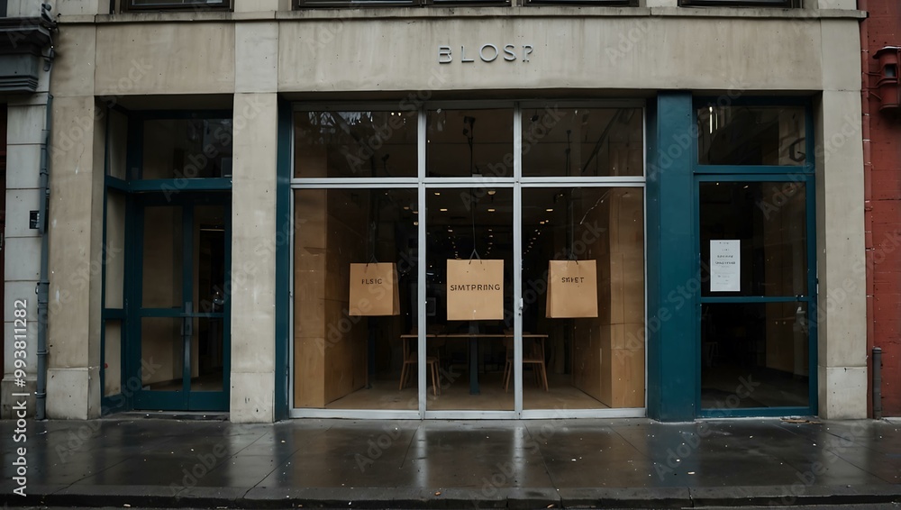 Closed store facade showing economic impact from online shopping. Closed store facade showing economic impact from online shopping.