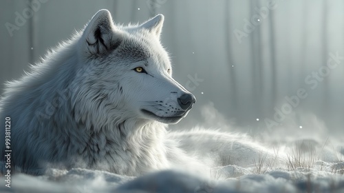 striking portrait of a polar wolf against a backdrop of pristine wilderness showcasing its fierce beauty and the raw power of nature in a captivating composition