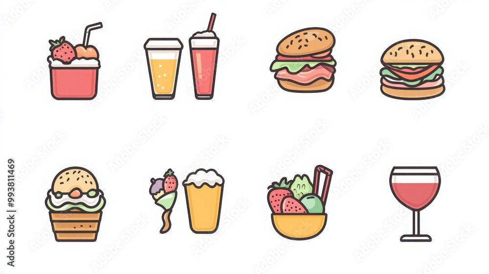 Food & Drink thin line icon set. Example: sandwich, burger, pizza, ice cream, salad, wine glass, soda, coffee cup, sushi Food & Drink thin line icon set. Example: sandwich, burger, pizza, ice cream, salad, wine glass, soda, coffee cup, sushi