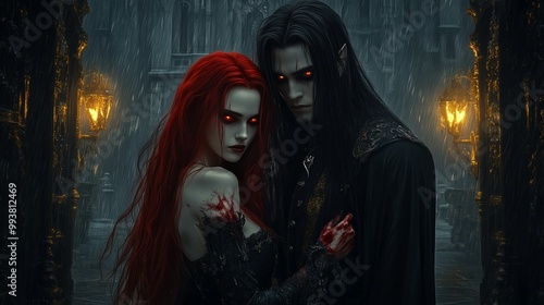 Dark romance between a vampire couple under streetlamps in a rainy gothic setting