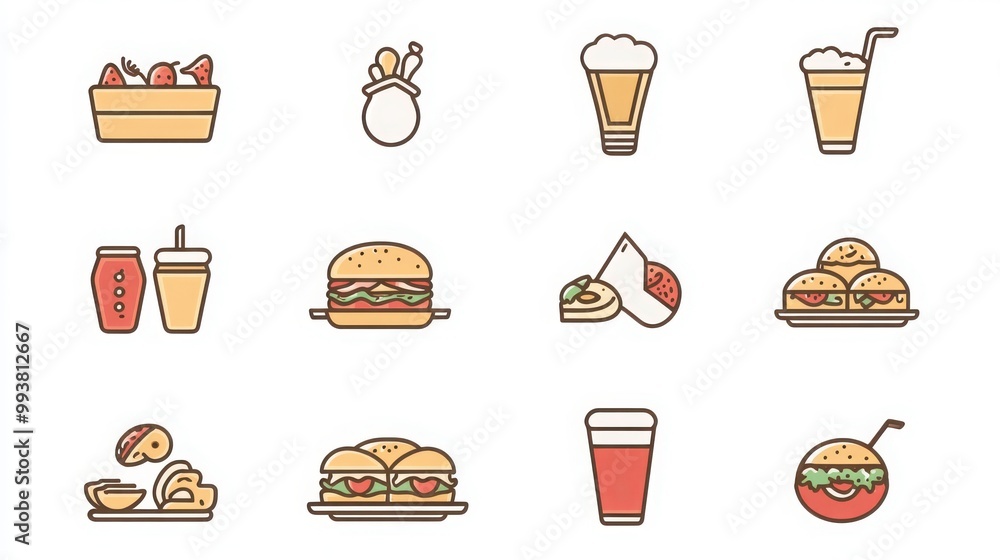 Food & Drink thin line icon set. Example: sandwich, burger, pizza, ice cream, salad, wine glass, soda, coffee cup, sushi Food & Drink thin line icon set. Example: sandwich, burger, pizza, ice cream, salad, wine glass, soda, coffee cup, sushi