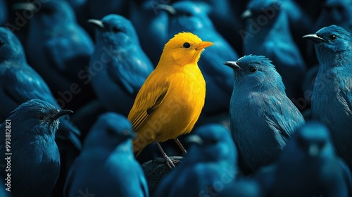 A unique yellow bird standing tall among uniform blue birds, symbolizing individuality.