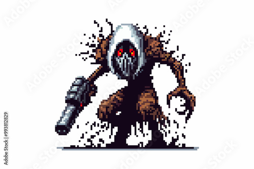 A pixel art depiction of a menacing hooded monster holding a weapon. Features dark tones and red eyes for a mysterious and ominous atmosphere. photo