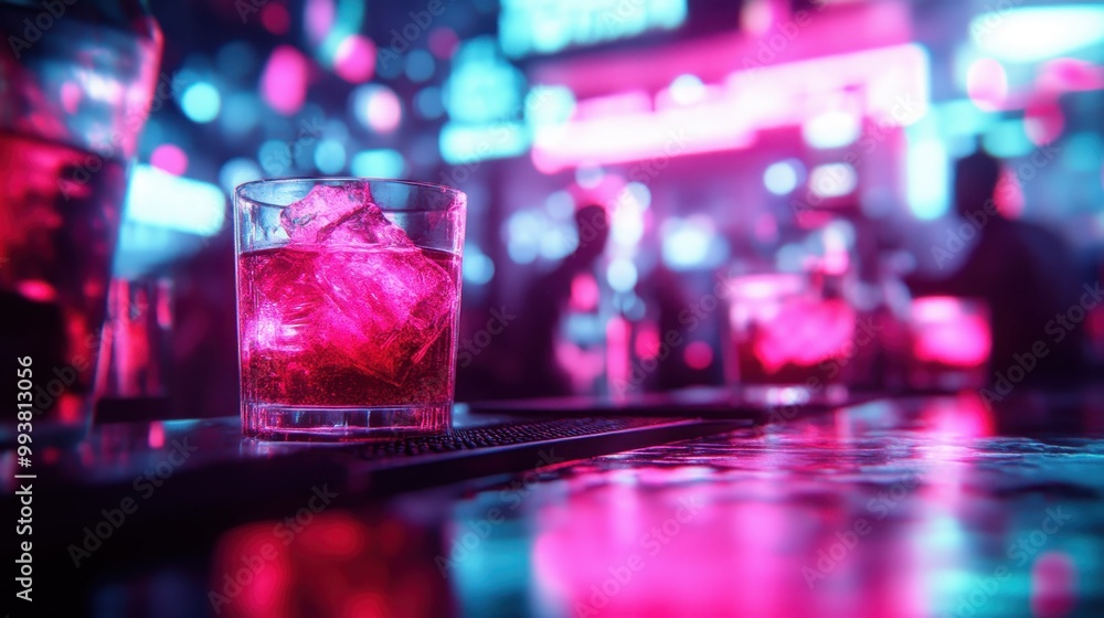 Close-up shot of a drink with ice in a vibrant neon-lit bar setting, highlighting the atmospheric and lively environment of modern nightlife.