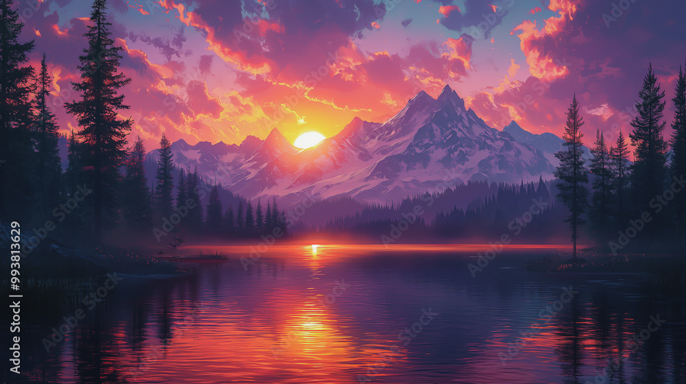 Fototapeta premium A calm mountain lake reflecting the vivid colors of a sunset, surrounded by tall pine trees and majestic snow-capped peaks. The serene atmosphere invites tranquility and contemplation.