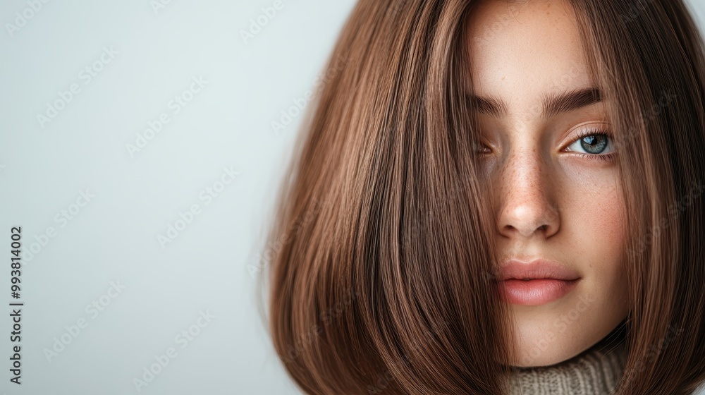 A young woman with blue eyes and straight brown hair partially covering her face, exuding beauty and mystery in her calm expression against a soft background. A young woman with blue eyes and straight brown hair partially covering her face, exuding beauty and mystery in her calm expression against a soft background.