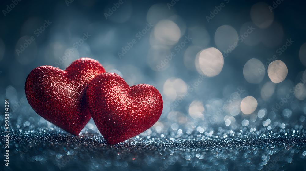 Obraz premium Two Sparkling Red Hearts on a Glittery Blue Background design