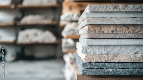 Stone slabs of varying textures and colors are stacked neatly, intended for home and construction purposes, showcased in a material store emphasizing variety and quality.