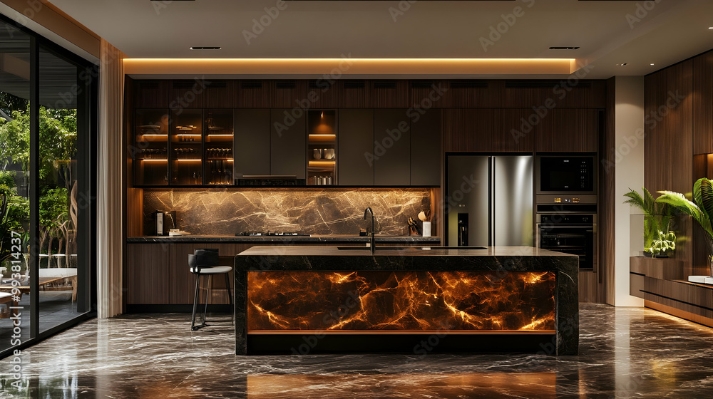 Modern Kitchen Interior Design with Backlit Marble Island Modern Kitchen Interior Design with Backlit Marble Island