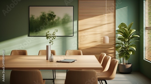 Embrace Tranquility: A Modern Minimalist Office Meeting Room with Sleek Wooden Furniture and Serene Green Textured Walls