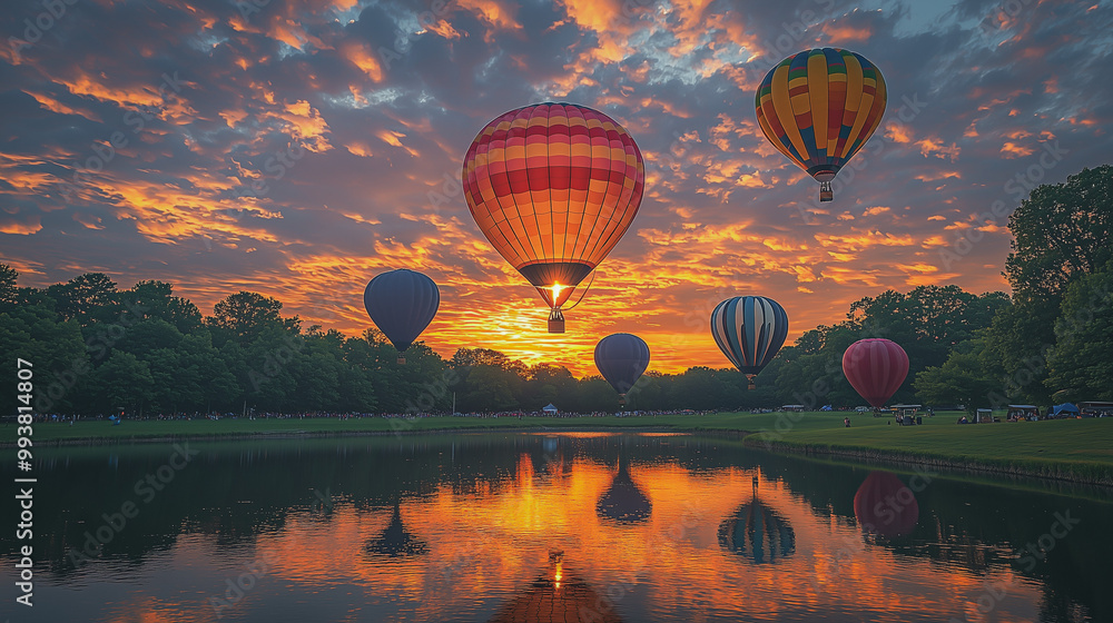Obraz premium A stunning hot air balloon festival at sunrise, featuring bright, colorful balloons soaring across a vivid sky, with soft golden light reflecting on a peaceful lake below.