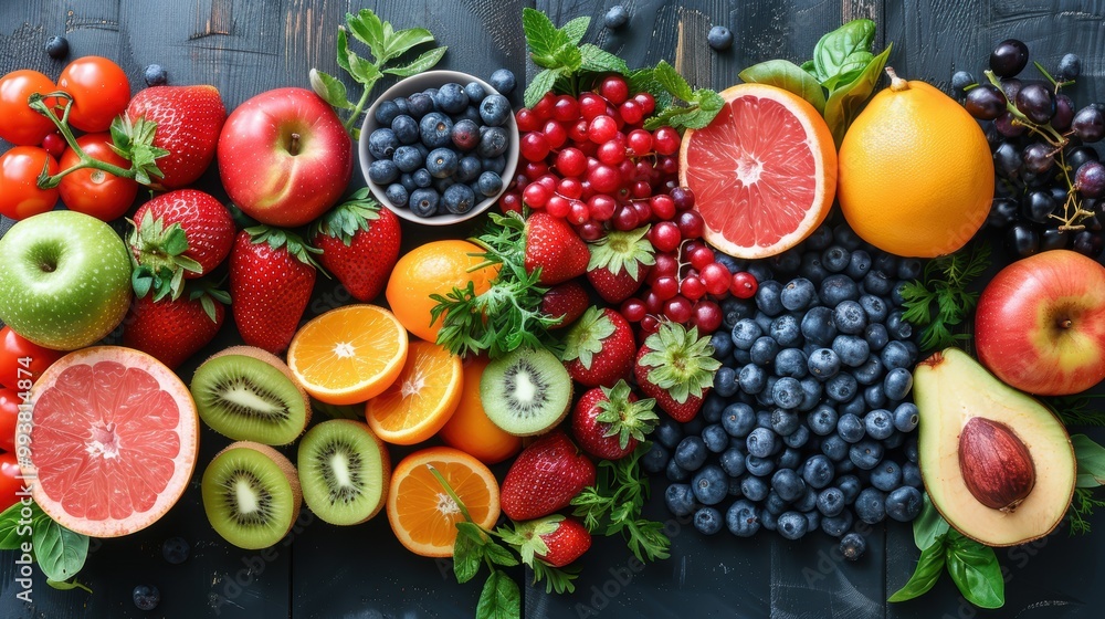 Organic fruit and vegetable arrangement bursting with freshness and joy, set against a vintage black wooden backdrop, creating a vibrant and inviting display. Organic fruit and vegetable arrangement bursting with freshness and joy, set against a vintage black wooden backdrop, creating a vibrant and inviting display.