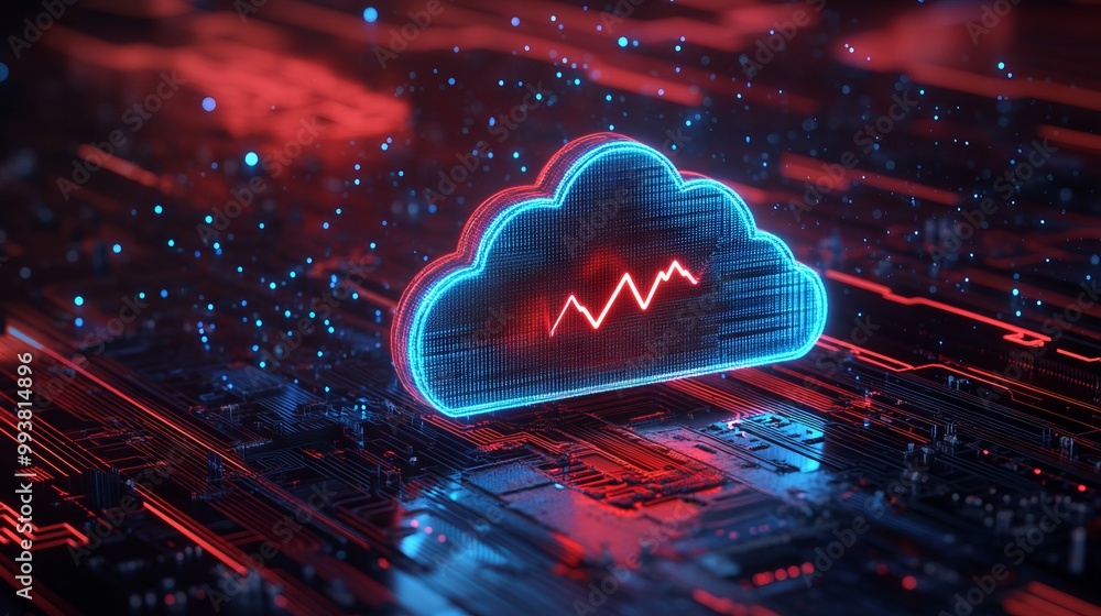 Cloud Icon Hologram with Red and Blue Glow on Futuristic Circuit Board. AI generated illustration Cloud Icon Hologram with Red and Blue Glow on Futuristic Circuit Board. AI generated illustration