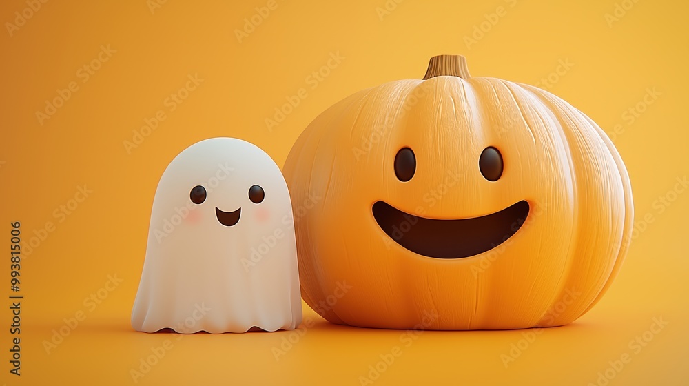 Playful Ghost Peeking from Behind a Large Cartoon Pumpkin, Both Smiling. Cheerful Halloween Scene with Giggling Ghost and Happy Pumpkin on a Pastel Orange Background, Perfect for Fun Holiday Concepts. Playful Ghost Peeking from Behind a Large Cartoon Pumpkin, Both Smiling. Cheerful Halloween Scene with Giggling Ghost and Happy Pumpkin on a Pastel Orange Background, Perfect for Fun Holiday Concepts.