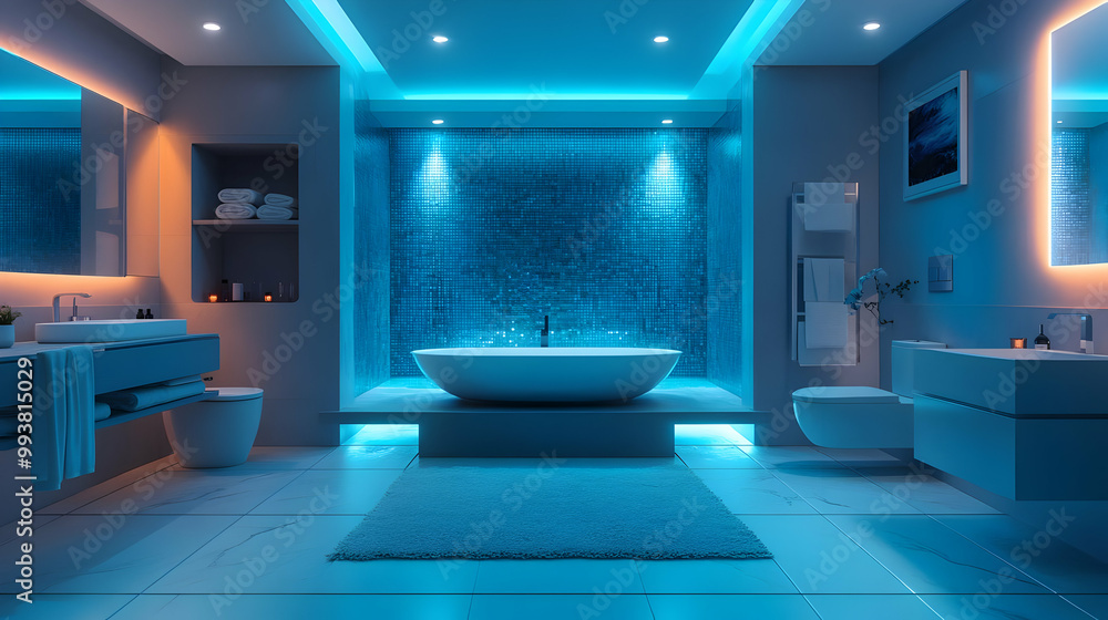 Modern Bathroom Interior Design with Blue Lighting 3D Illustration Modern Bathroom Interior Design with Blue Lighting 3D Illustration