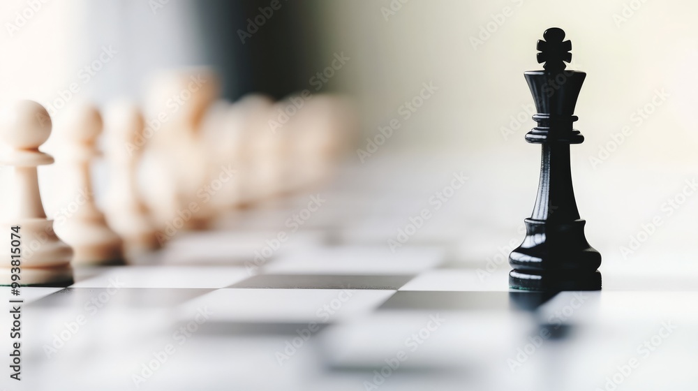 Close-up of chessboard with black king piece in focus and pawns blurred in background, symbolizing leadership and strategy. Close-up of chessboard with black king piece in focus and pawns blurred in background, symbolizing leadership and strategy.