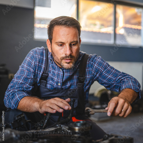 Car mechanic inspect car engine with tool at garage