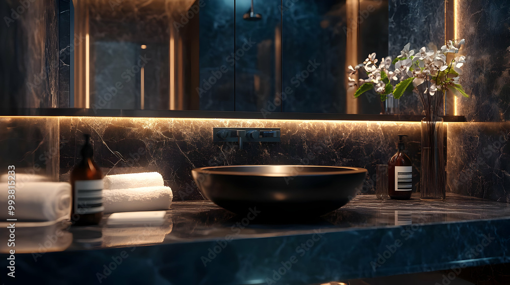 Modern Bathroom Sink with Black Marble Countertop and White Flowers in a Vase - 3d Illustration Modern Bathroom Sink with Black Marble Countertop and White Flowers in a Vase - 3d Illustration