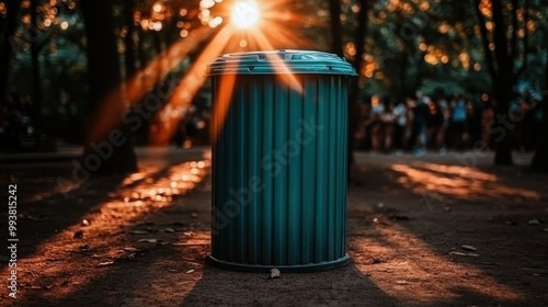 A green trash bin stands prominently in a park with golden sunbeams piercing through the trees, creating a dramatic backdrop and highlighting environmental themes.