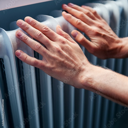 mains d'un homme posées sur un chauffage un jour de froid illustration ia