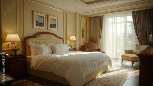 Wallpaper Mural Elegant Bedroom Interior Design with Large Bed, White Linens, and Golden Accents - 3d Illustration Torontodigital.ca