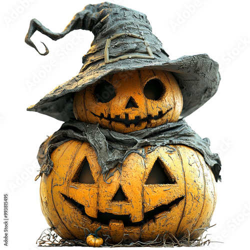 Spooky Halloween pumpkins stacked with a witch's hat, isolated on a white background. PNG. transparent background. cut out photo