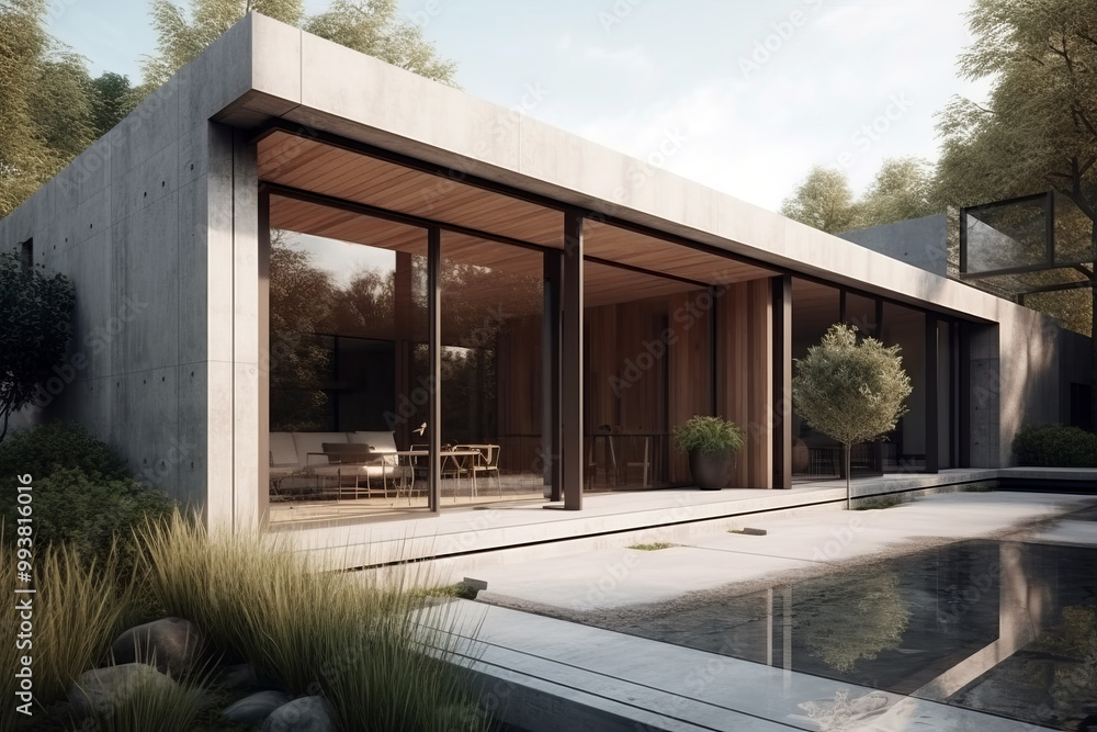Modern minimalist house featuring a sleek concrete exterior, floor-to-ceiling glass walls, wooden accents, and a serene outdoor area with a reflecting pool. Modern minimalist house featuring a sleek concrete exterior, floor-to-ceiling glass walls, wooden accents, and a serene outdoor area with a reflecting pool.