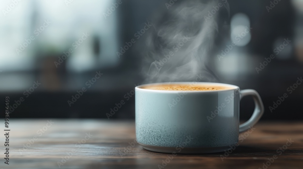 A steaming cup of coffee in an elegant ceramic mug, placed on a wooden table, with a soft, blurry background conveying warmth and relaxation.