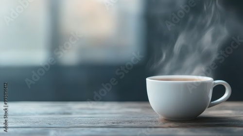 Wallpaper Mural A steaming cup of coffee on a rustic wooden table with a softly blurred background, creating a warm and inviting atmosphere perfect for relaxation. Torontodigital.ca
