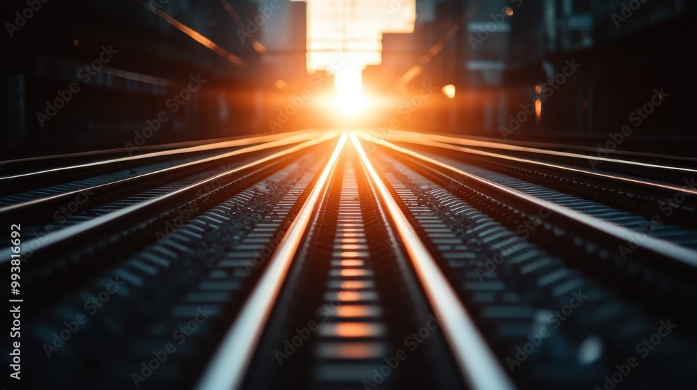 A compelling image of railway tracks extending into the horizon, converging towards a vibrant sunset, symbolizing the journey and transition within an urban setting. A compelling image of railway tracks extending into the horizon, converging towards a vibrant sunset, symbolizing the journey and transition within an urban setting.