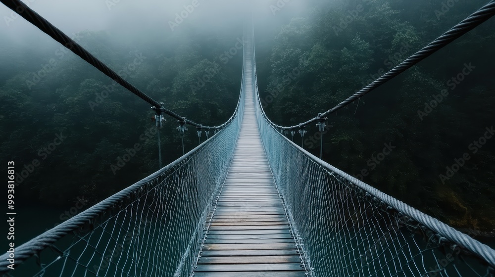 Obraz premium A dramatic capture of a long suspension bridge disappearing into a veil of mist, symbolizing mystery, adventure, and the journey across nature and engineering marvels.