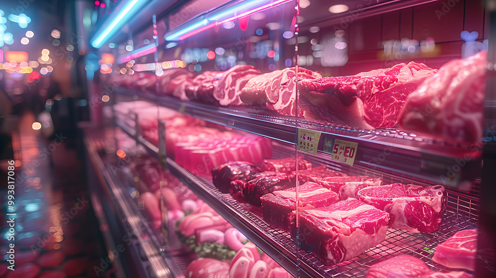 Meat aisle with various cuts displayed in a refrigerated grocery section. close-up of a meat fridge in a grocery store filled with various cuts of fresh meat various cuts of beef, pork and other meats