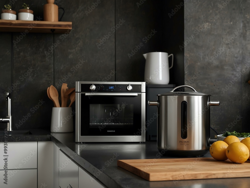 Close-up of modern kitchen appliances in a stylish setting. Close-up of modern kitchen appliances in a stylish setting.