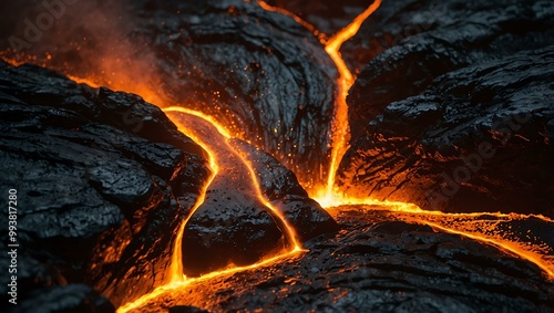 Close-up of molten lava flowing over rocks with sparks flying.