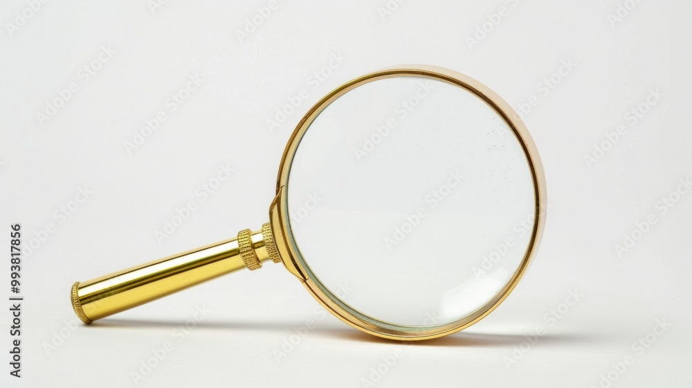 Fototapeta premium A classic gold magnifying glass with a sleek design and clear lens is displayed elegantly against a white background, exuding a timeless charm.