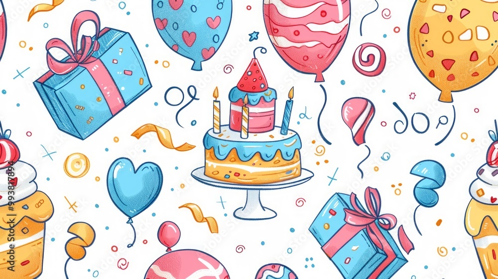 A vibrant birthday-themed seamless pattern with hand-drawn elements like balloons, gifts, and cakes on a white background. Perfect for decorations and stationery. A vibrant birthday-themed seamless pattern with hand-drawn elements like balloons, gifts, and cakes on a white background. Perfect for decorations and stationery.
