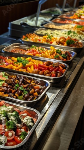 An indoor buffet with a colorful array of dishes: roasted veggies, salads, rice, and meat. Vibrant and inviting setup with rich colors.