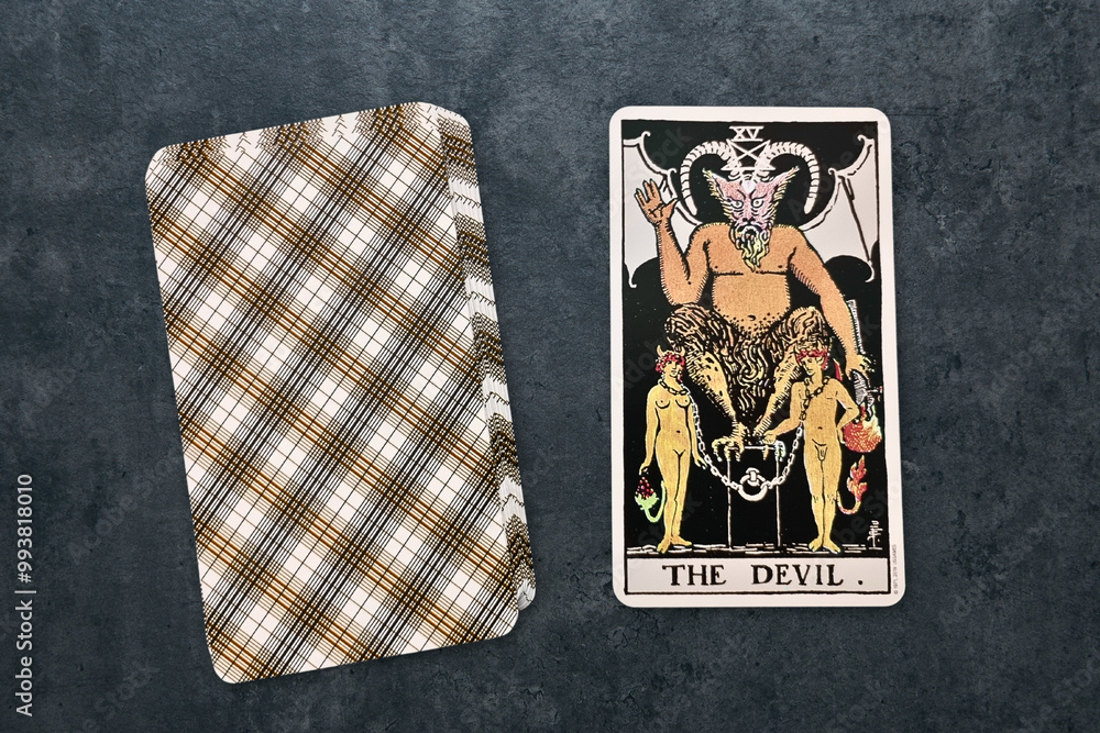 Carte de tarot "Le Diable" du jeu Rider-Waite, symbolisant la tentation